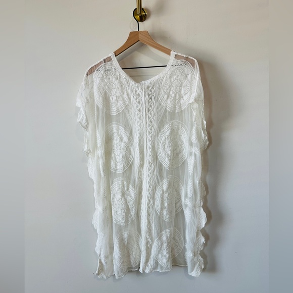 V-Neck White Lace & Sheer Pullover Beach /Pool Coverup Dress Size M - Picture 6 of 6